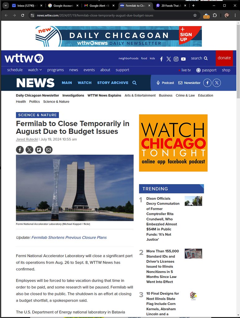 Fermilab to Close Temporarily in August Due to Budget Issues