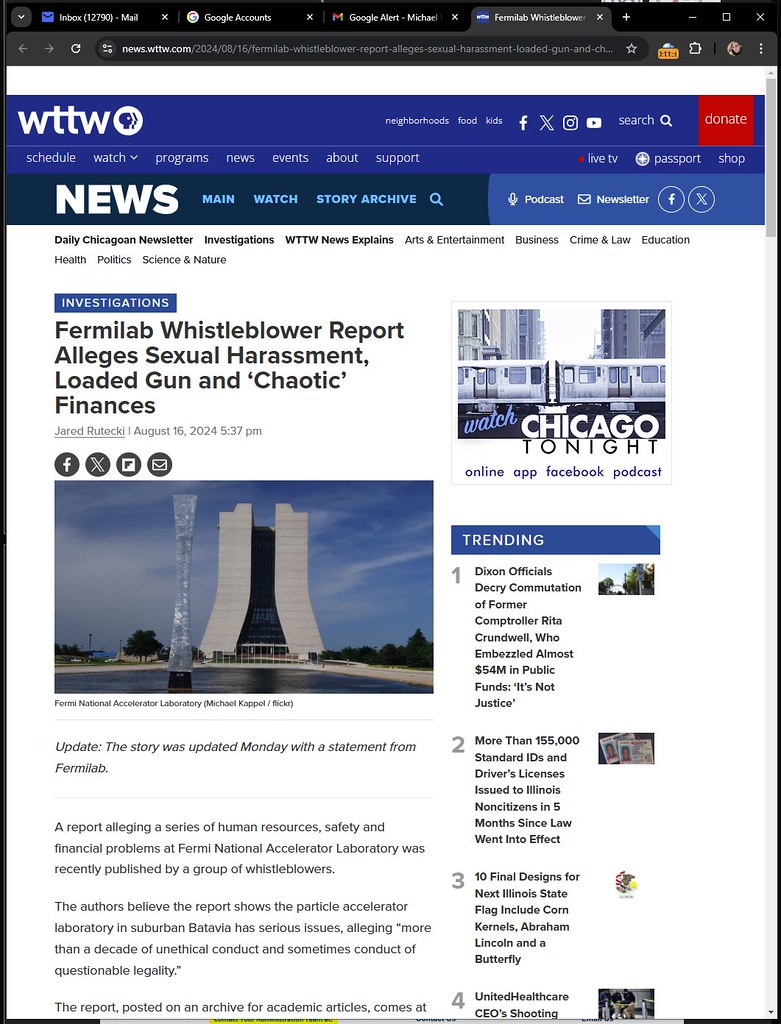 Fermilab Whistleblower Report Alleges Sexual Harassment, Loaded Gun and Chaotic Finances